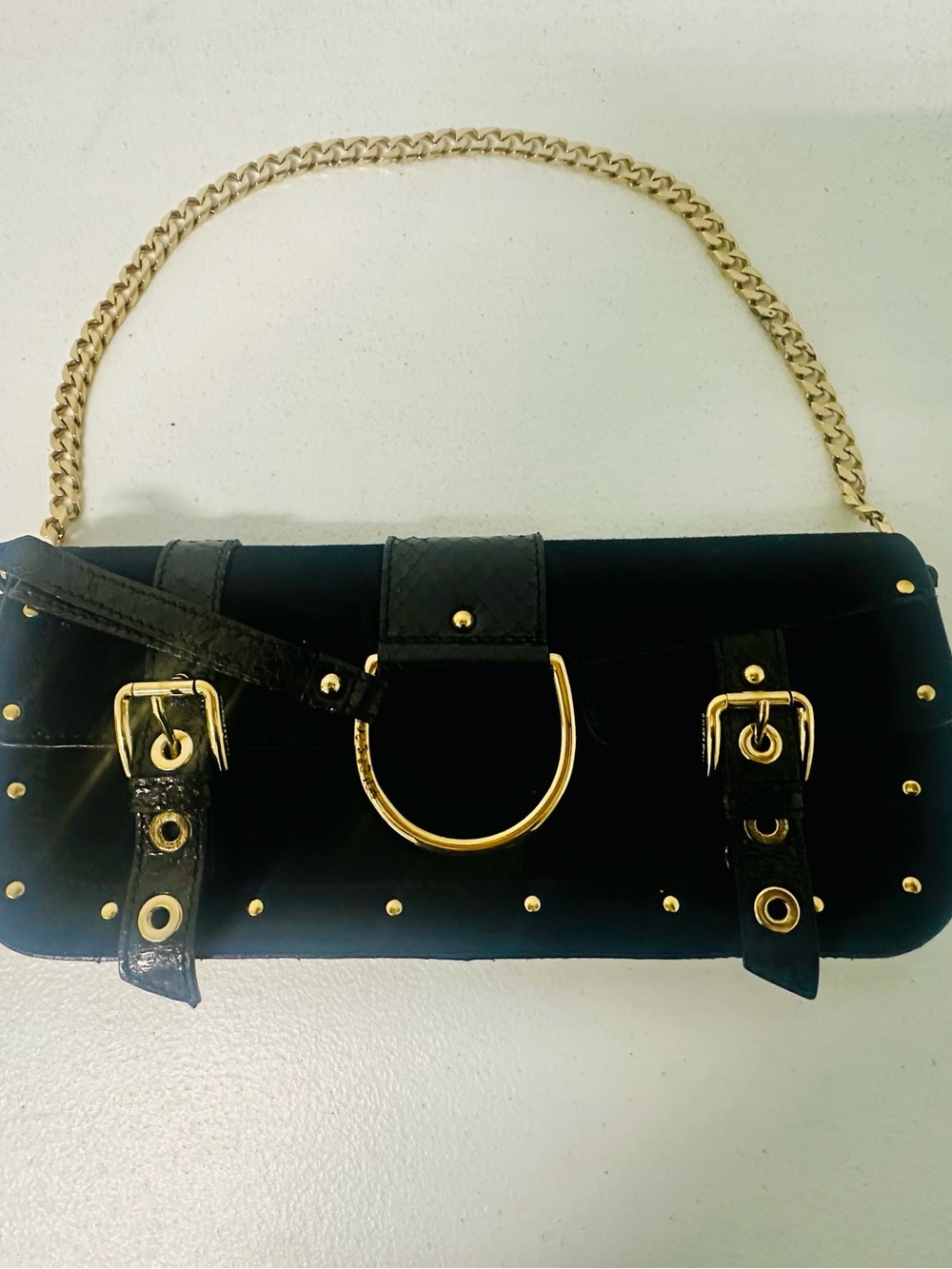 Dolce & Gabbana Black Clutch/ wallet /handbag with Gold Chain and Stud Detail.